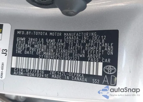 2012 Toyota Corolla Le из США, поврежденный, VIN 2T1BU4EE2CC892321